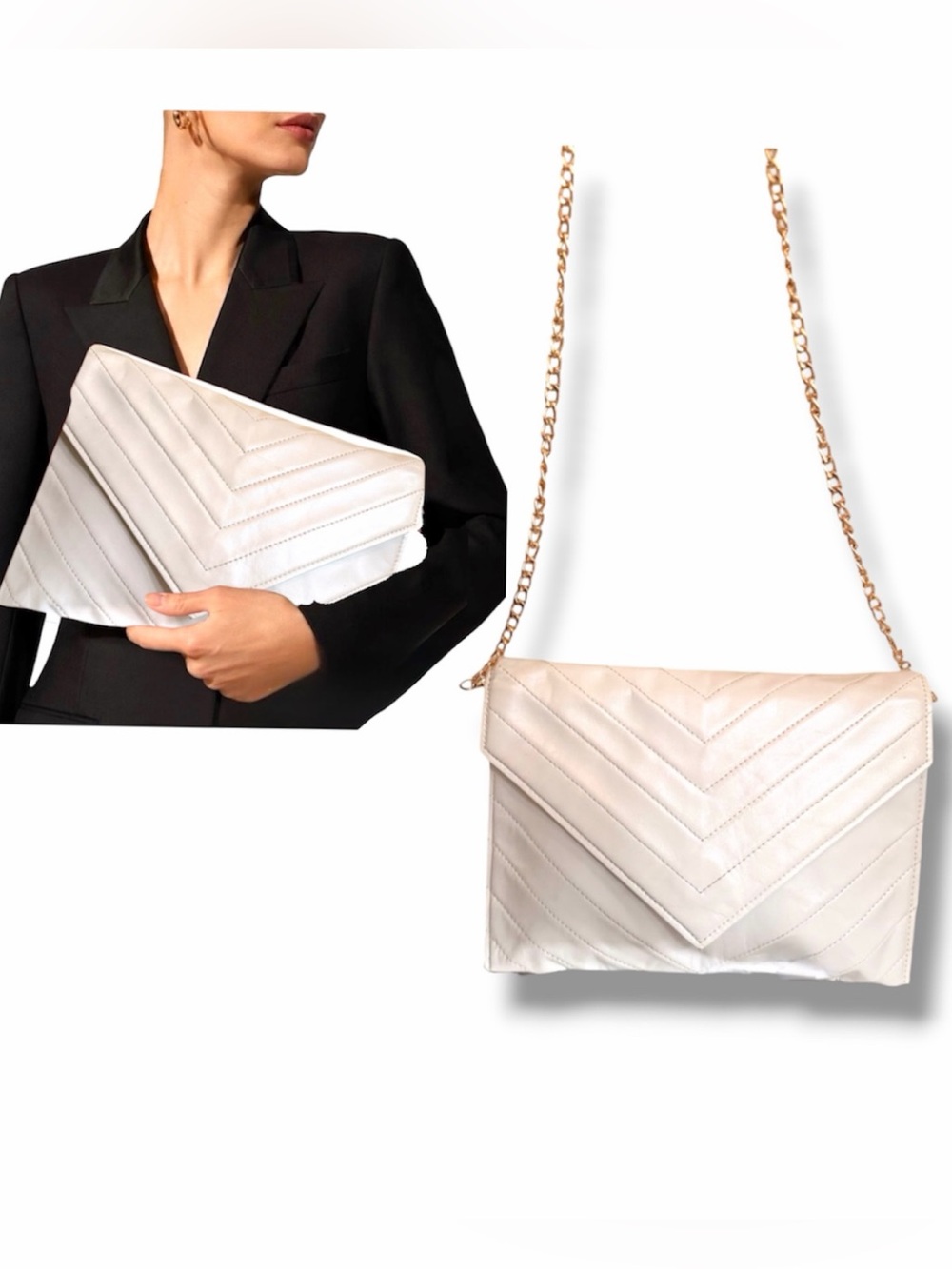 YSL Quilted Genuine Leather Bag Clutch Signature Classic Vintage Ivory